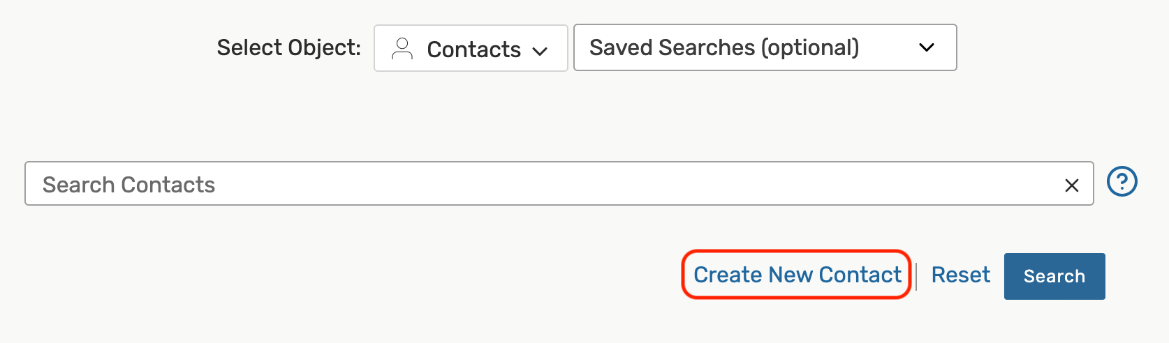 create new contact option on contact search page