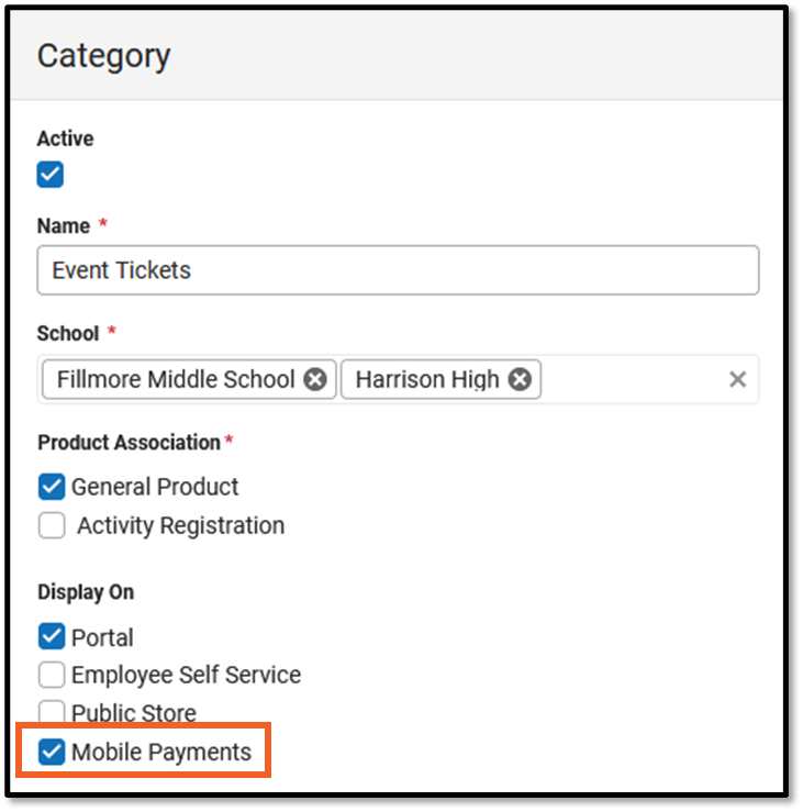 Screenshot of Mobile Payments Checkbox in Categories