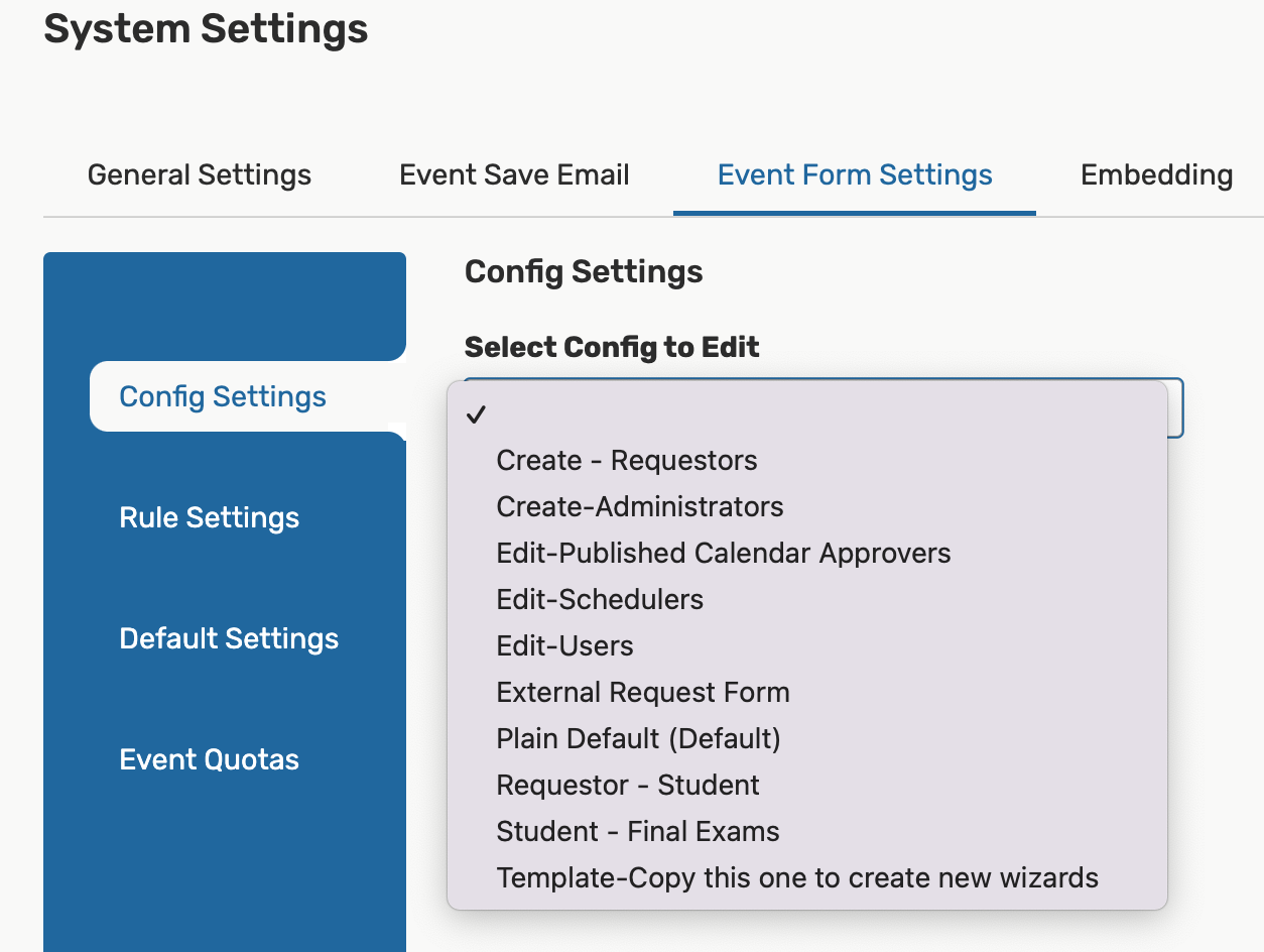 Event Form Settings in System Settings