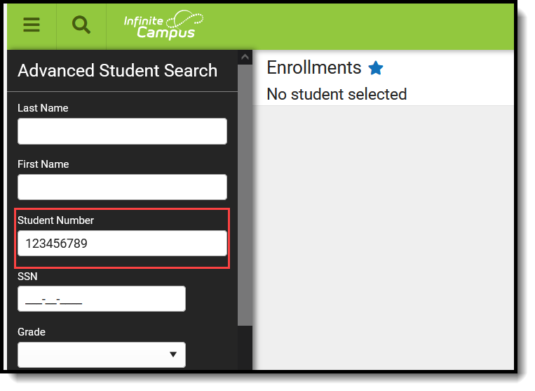 Screenshot of the Student Number field on the Advanced Search Field Screen. 