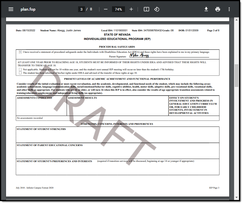 Screenshot of the non-signing guardian and student view of the eSignature document.