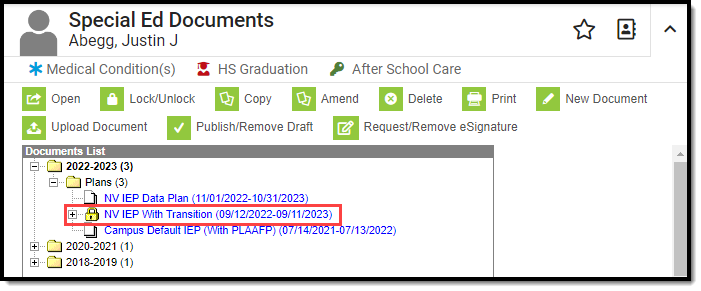 Screenshot of a locked plan on the special ed documents tool.