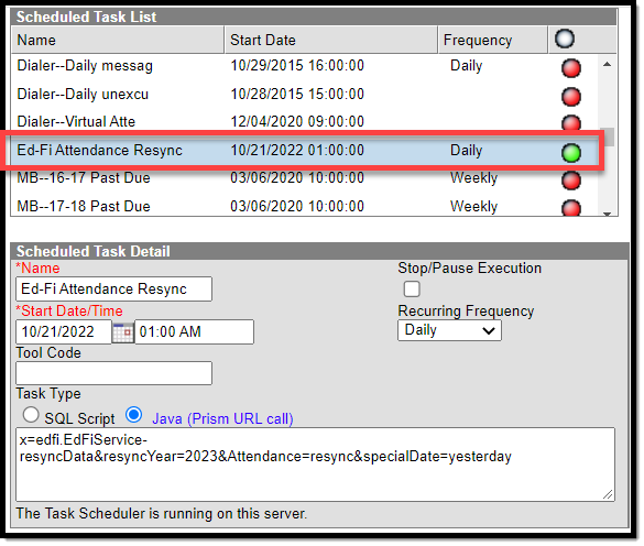 Image of the Scheduled Task List and the Scheduled Task Detail editor.