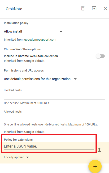 Image showing location of Policy for extensions