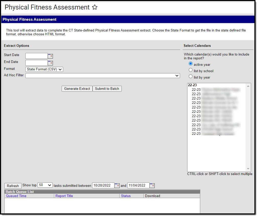 Screenshot of the Physical Fitness Assessment extract editor.  