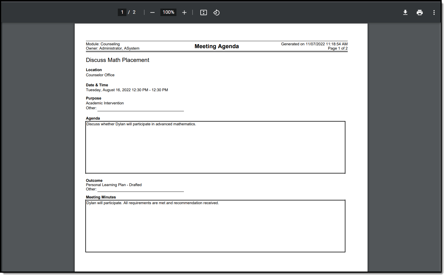 Screenshot of Meeting Agenda printout. 