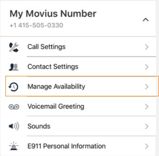 MultiLine Settings screen with Manage Availability highlighted