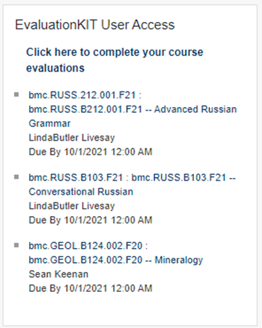 Student view of EvaluationKIT User Access, showing list of courses to evaluate. 