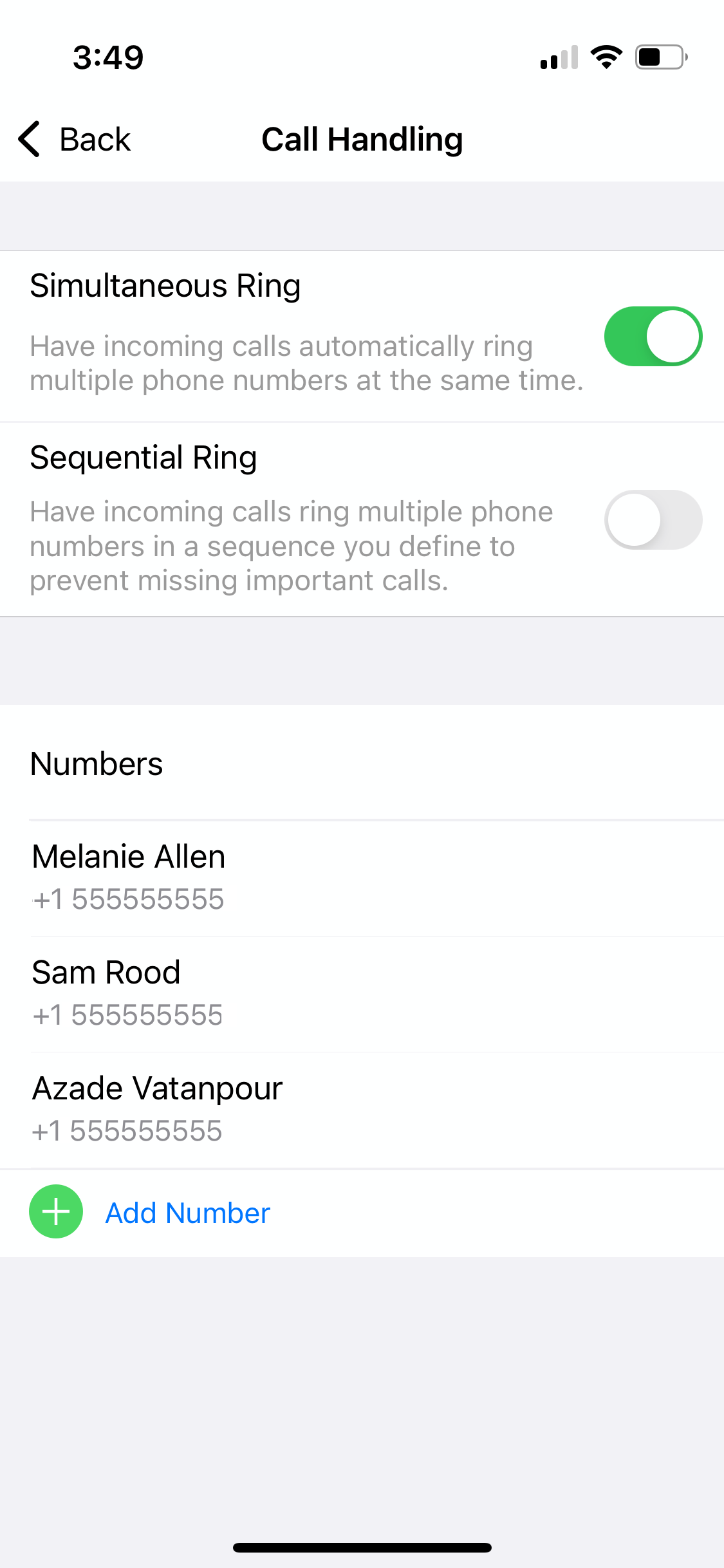 Call Handling menu with Simultaneous Ring selected