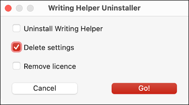 Mac uninstaller window with delete settings selected