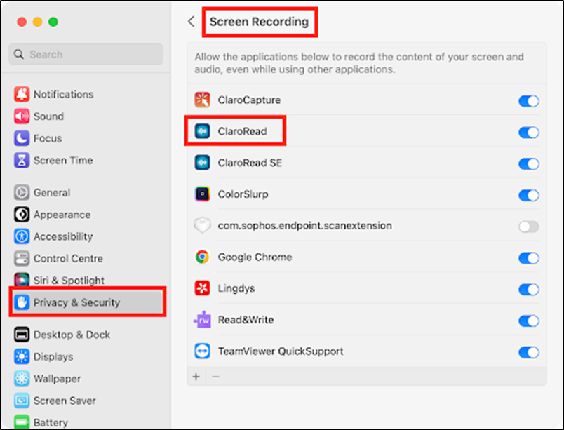 Mac settings window showing claroread in the permissions window