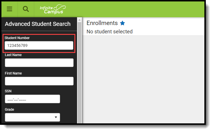 Screenshot of the Student Number field as the first field in the Advanced Search Options. 