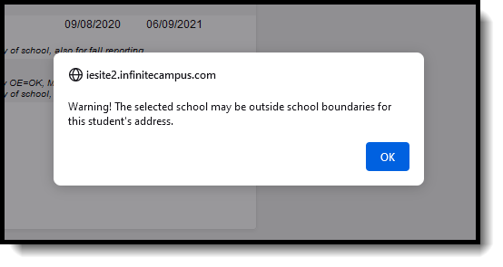 Screenshot of the warning message that displays when an address is outside of the school boundaries. 