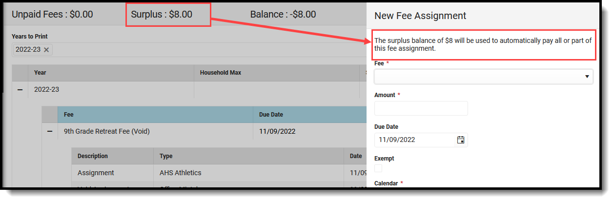 Screenshot of the Fees Surplus display