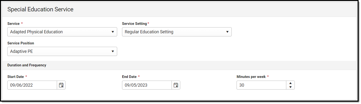 Screenshot of the Special Education Services detail screen.