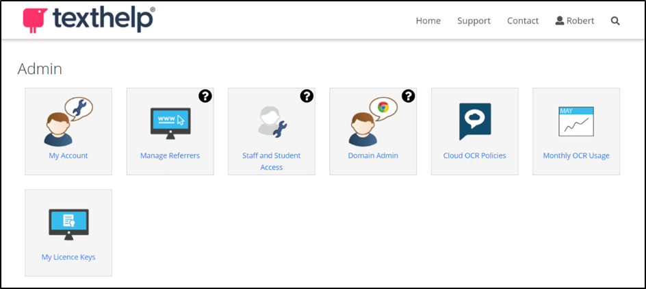 Claro account homepage showing the Admin panel