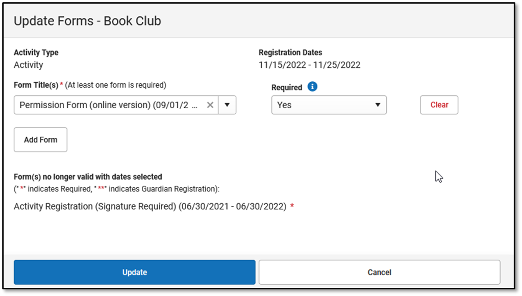 Screenshot of update forms panel
