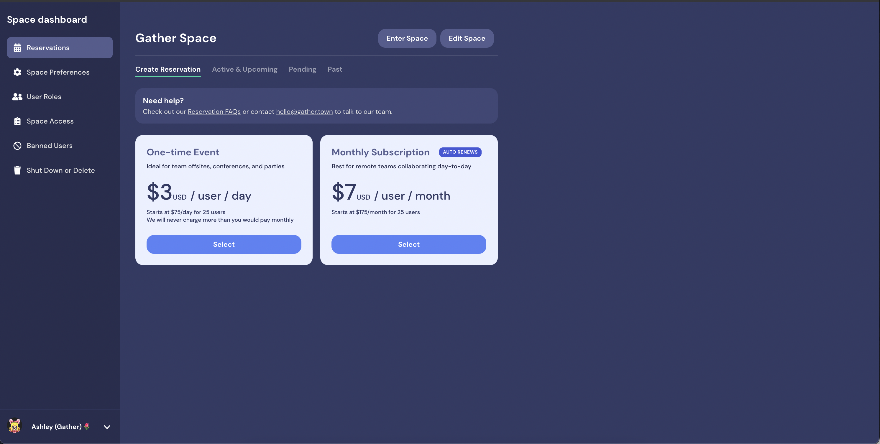 A view of the Reservations section of the dashboard, with the three cards showing our plans and their cost.