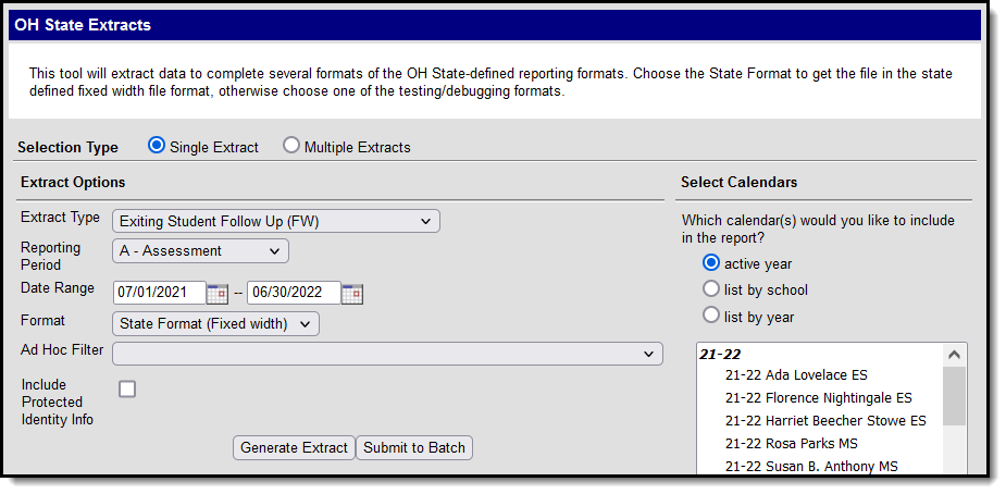 Screenshot of the Exiting Student Follow Up (FW) extract editor.  