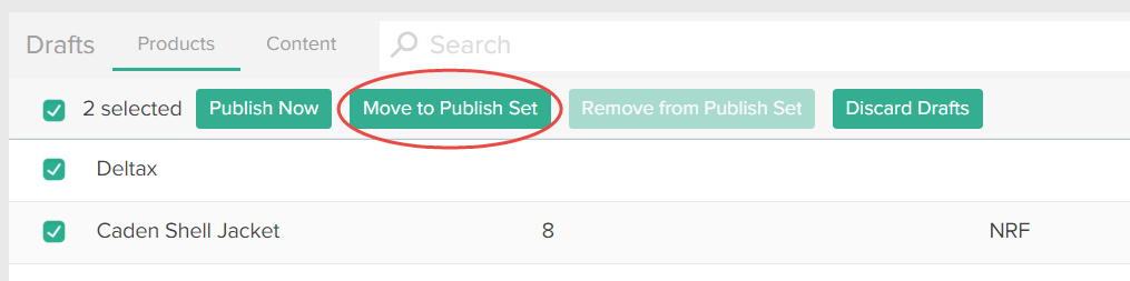 Callout of the Move to Publish Set option in the Products tab