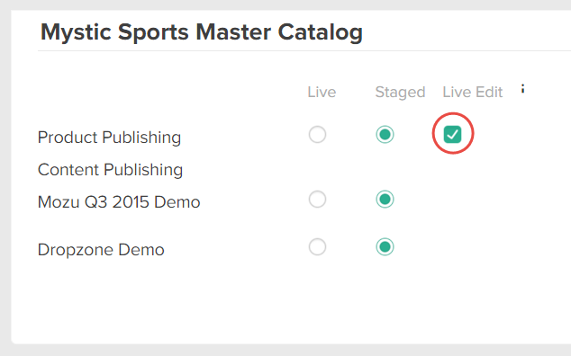 Callout of the Live Edit toggle for a master catalog