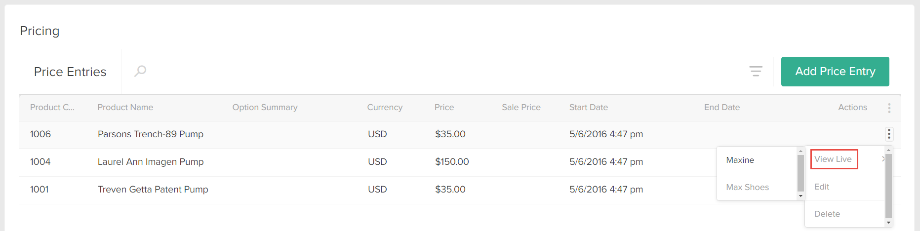 The Pricing configuration section with a callout for the view Live option in the drop-down actions menu