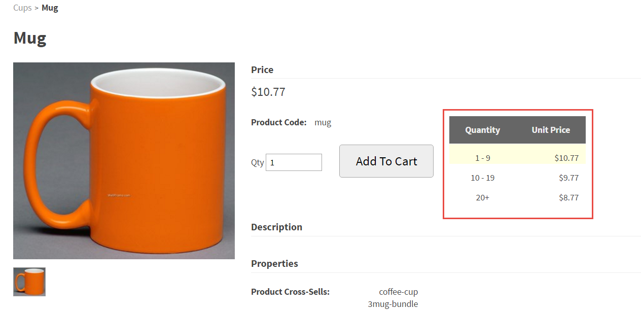 Example of a product on the storefront with a callout for the quantity and unit price table