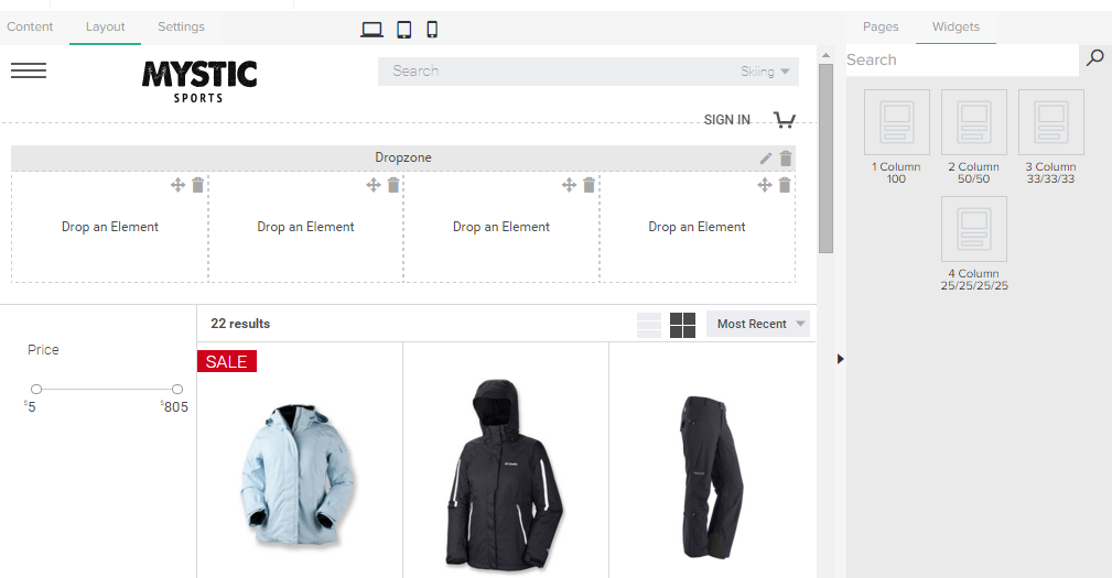 Example of the Layout pane in Site Builder