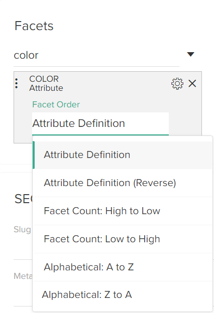 Close-up of the facet ordering options