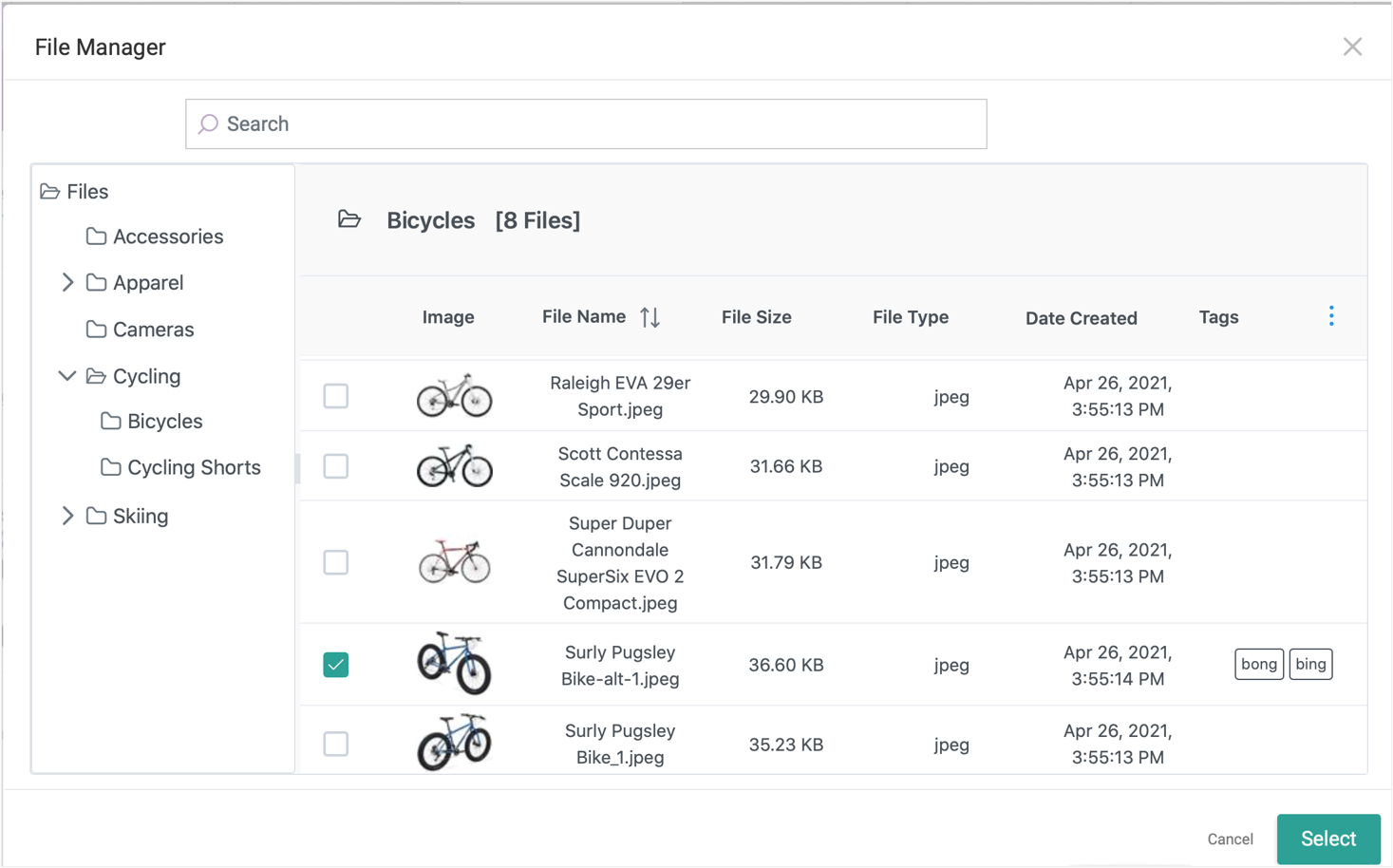 Pop-up version of the file manager in the product catalog