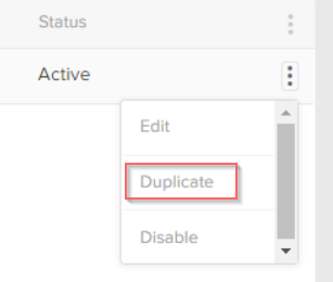 Callout of the Duplicate option in the drop-down menu to the right of a location in the table