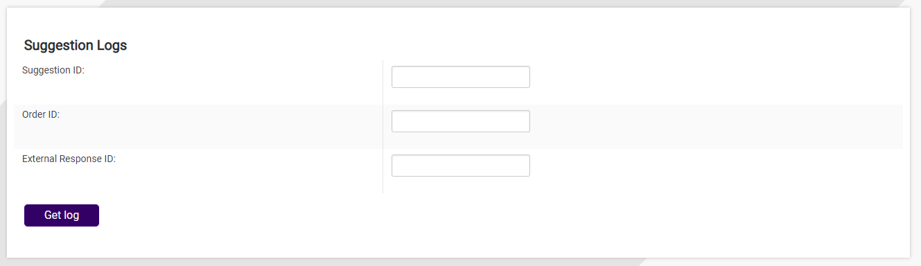 The Suggestion Logs page where suggestion, order, and external responses IDs can be input