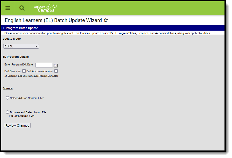 Screenshot of the English Learners Batch Update Wizard tool.