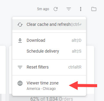 The drop-down menu of dashboard options with a callout for the Viewer Time Zone