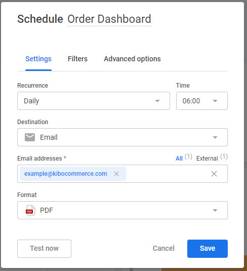 The Schedule modal for a dashboard showing the Settings options