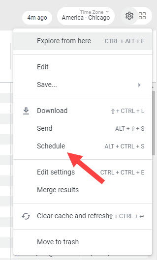 The Options menu of a custom report with a callout for the Schedule button