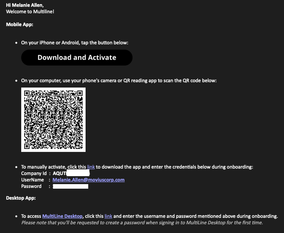 A MultiLine invitation email containing Activation information, including QR code, Company ID, Username, Password, buttons and links.