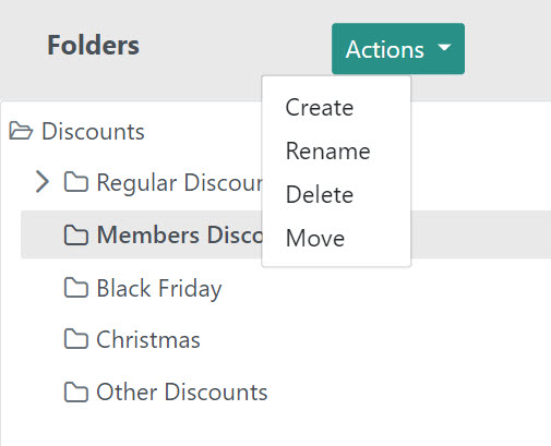 Close-up of the folder actions drop-down menu with options for Create, Rename, Delete, and Move