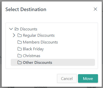 Pop-up prompting the user to select a destination folder to move a discount to
