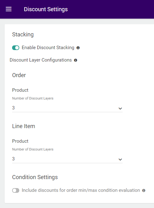 The Discount Stacking page with options toggled on