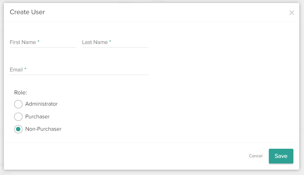 The Create User form for adding a new buyer to a B2B account