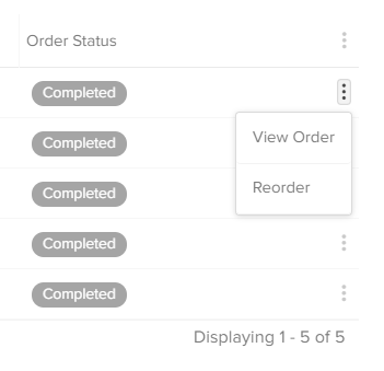 Callout of the View Order and Reorder options in the drop-down menu in order history