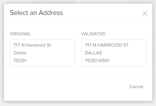 Pop-up prompting the user to select between the original or validated versions of an address