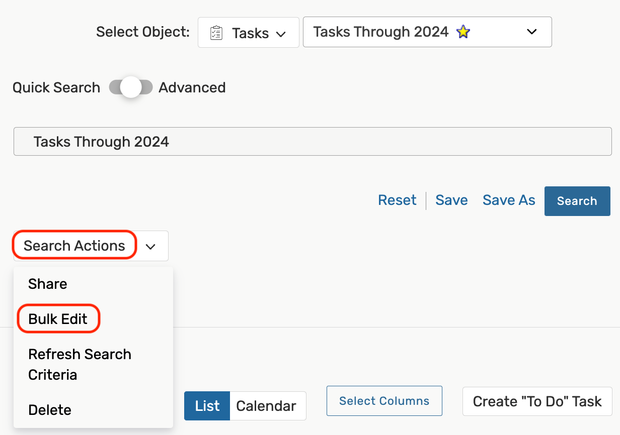 Selecting Bulk Edit from the Search Actions dropdown.