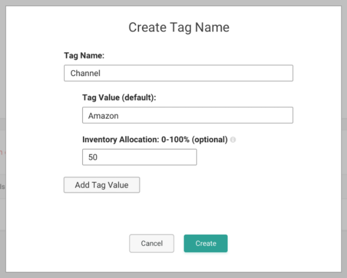 The Create Tag Name module with name, value, and allocation percentage options