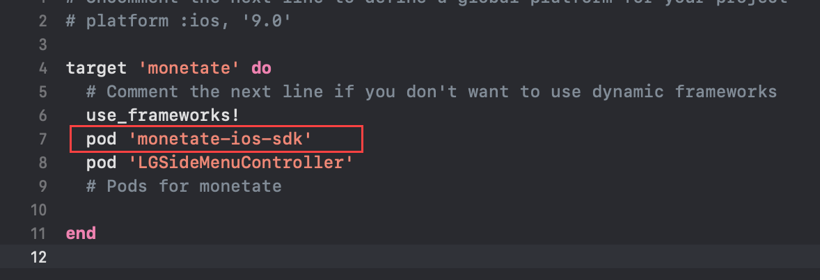 Specifying the SDK CocoaPod in the Podfile.