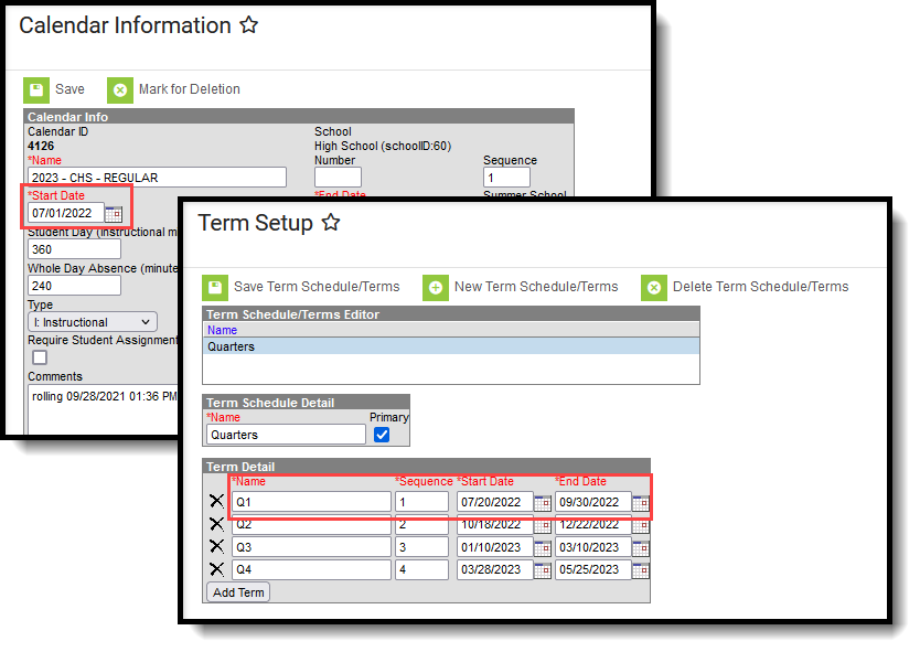 Two-part screenshot highlighting the calendar Start Date field on the Calendar Information editor with the Term Setup editor highlighting the term start and end dates. 