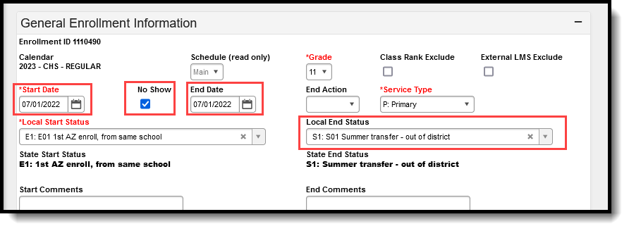 Screenshot of the enrollment editor highlighting the start date, no show, end date and local end status fields. 