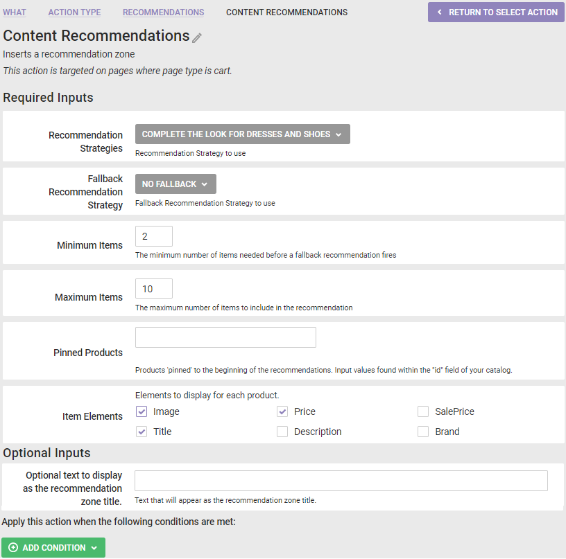 Example of a recommendations action template configured for an experience