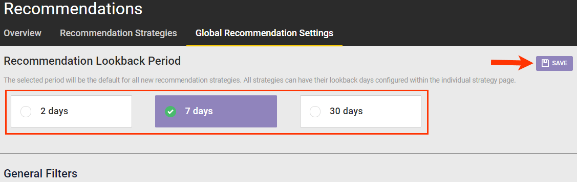 Callout of the default lookback period options on the Global Recommendation Settings tab